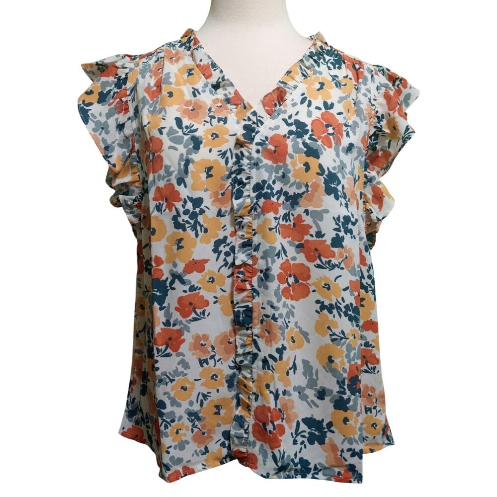 NWT Voy Floral Ruffle Sleeve Blouse~Hidden Buttons~Fall Colors~Size SMALL - Picture 1 of 8
